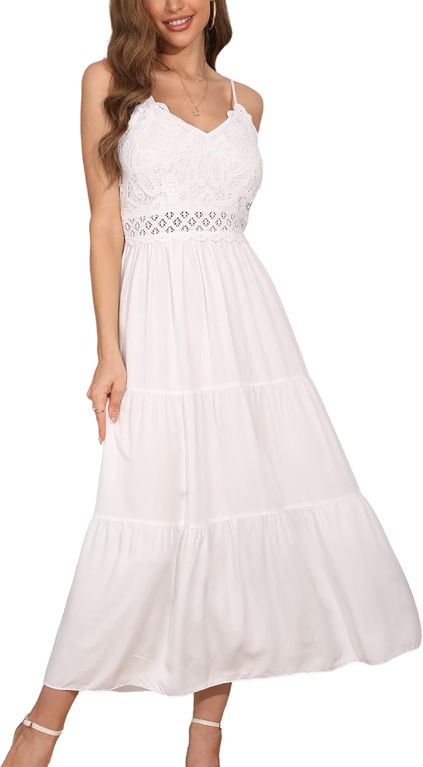Dokuritu Women's Beach Crochet Lace Maxi Dress Solid Color Summer Vacation Wedding Guest Spaghetti Strap Long Dress