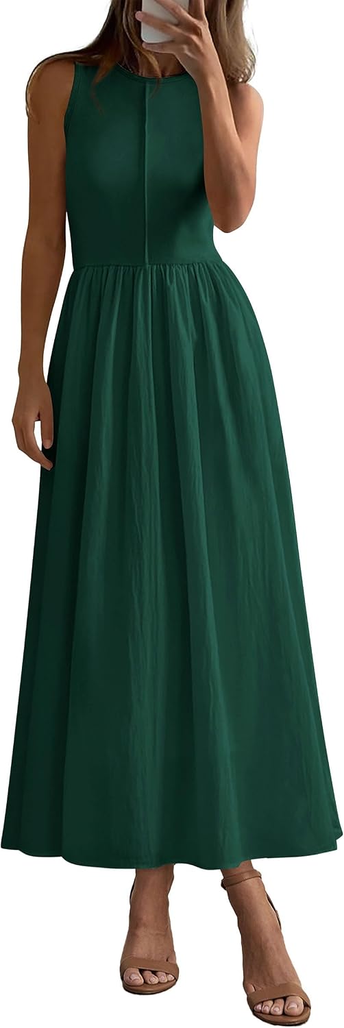 Ribbed Knit Sleeveless A-Line Maxi Dress in Dark Green