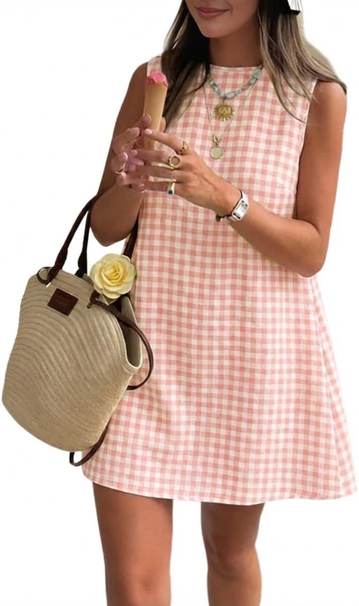 Plaid Mock-Neck Sleeveless A-Line Mini Dress in Orange