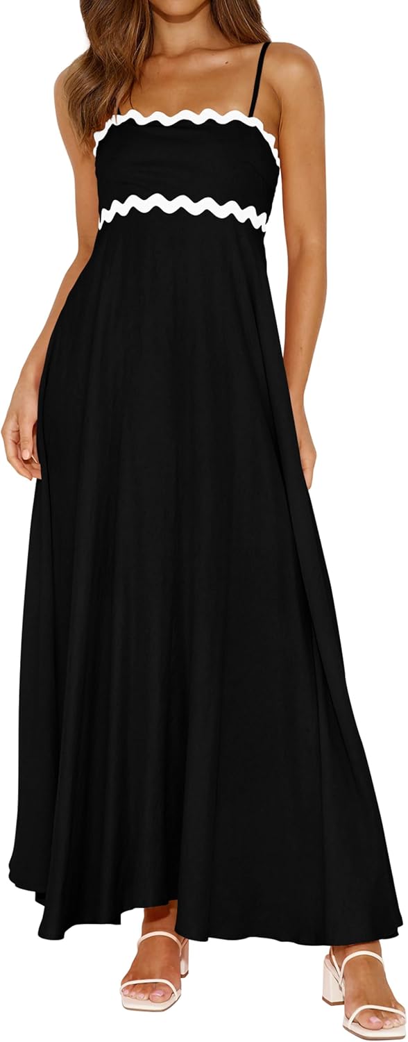 PRETTYGARDEN Women Spaghetti Strap Boho Maxi Dresses Flowy | Sleeveless Smocked Long Dress, Striped Trim Flowy Dress Pockets, Elegant Square Neck Beach Sundress, Casual Summer Outfits