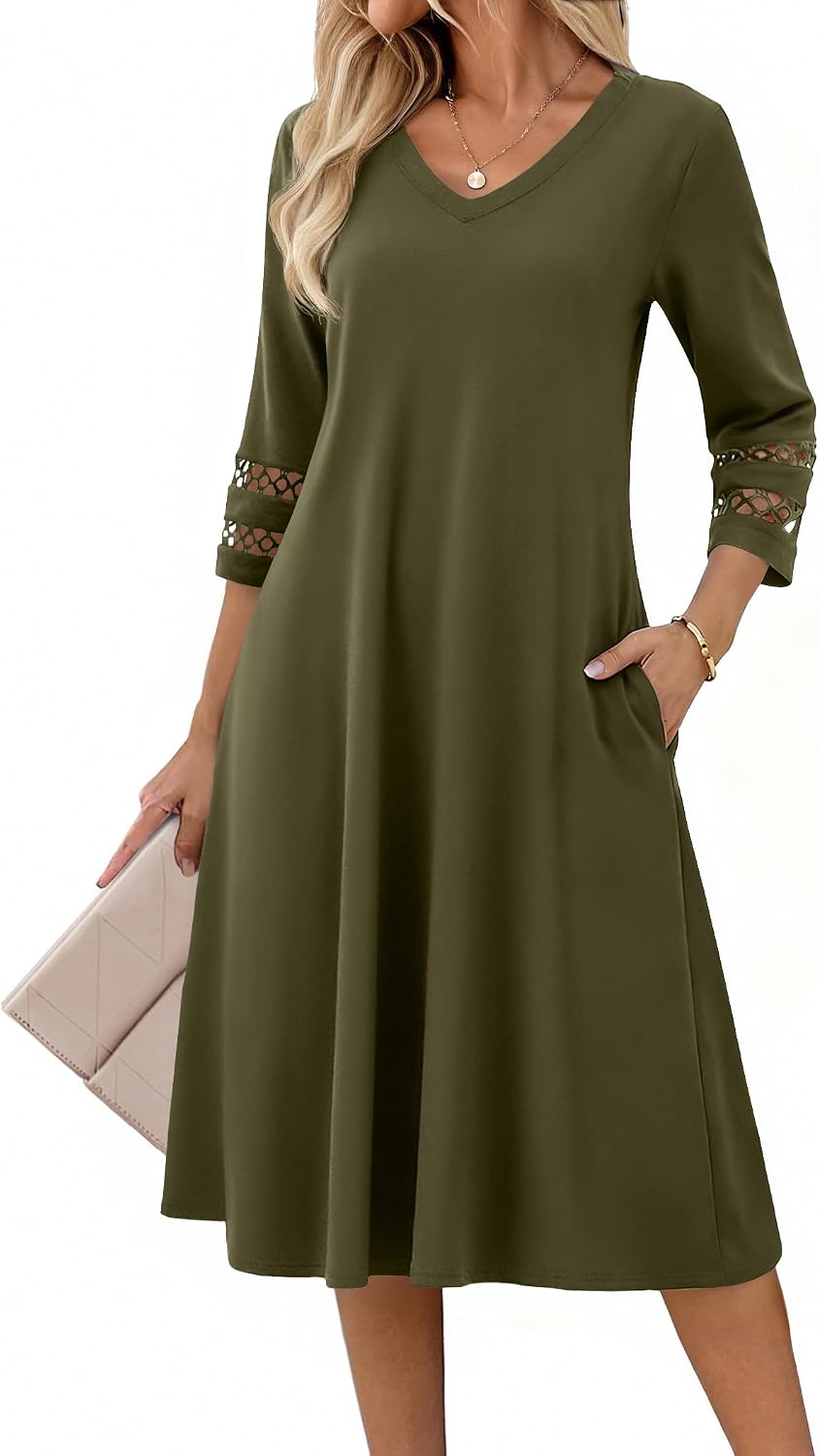 Eyelet V-Neck 3/4-Sleeve A-Line Midi Dress in Army Green