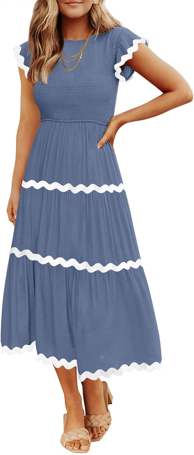 Crew-Neck Short-Sleeve Tiered Midi Dress in Dusty Blue