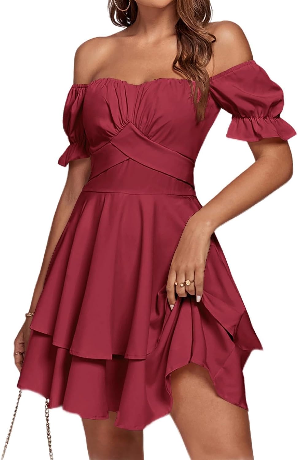 LYANER Women's Off Shoulder Casual Dress | Summer Tie Back Wrap Layer Ruffle A Line Short Sleeve Party Elegant Mini Dresses