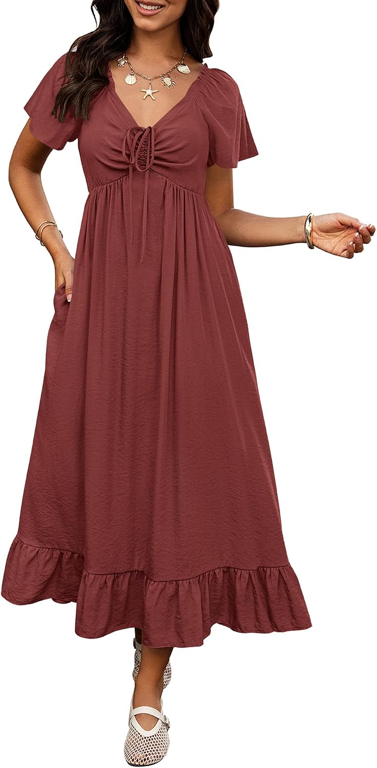 BTFBM Womens Summer Dresses 2026 Wedding Guest Maxi Dress | Short Sleeve, V Neck, Drawstring,A-Line,Loose Fit,Solid,Cocktail,Party,Boho Beach Long Dress,Prom,Beach Vacation Clothes