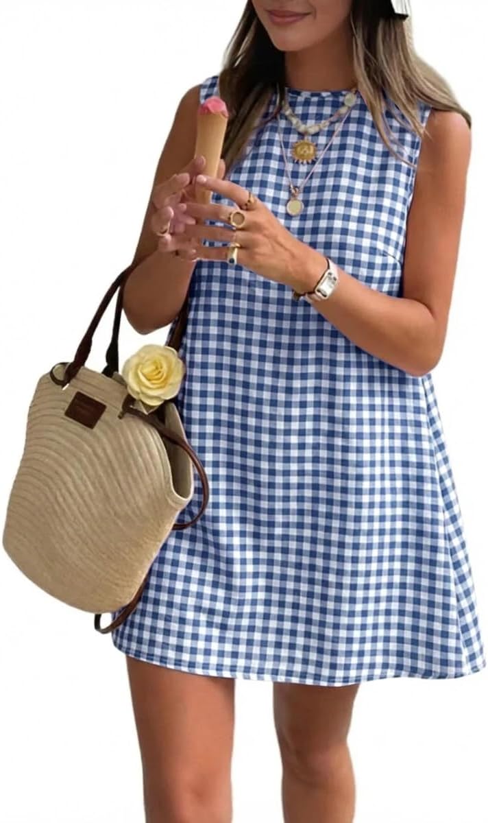 Plaid Mock-Neck Sleeveless A-Line Mini Dress in Blue