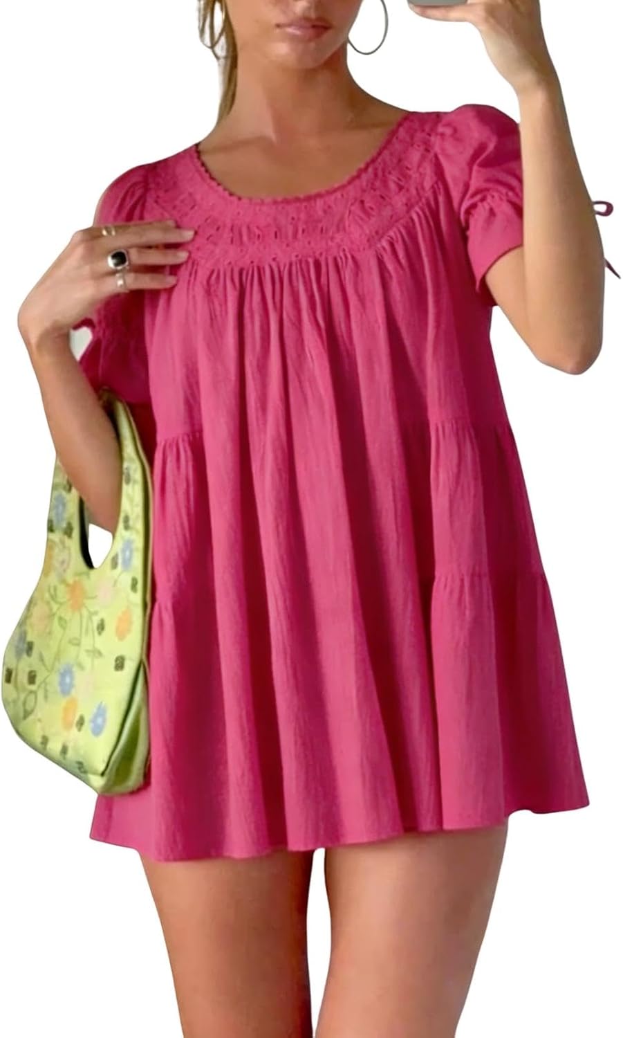 QLQLWDD Women Square Neck Babydoll Mini Dress Y2k Puff Sleeve Flowy Short Dress Loose Bow Tie Ruffle Trim Going Out Sundress