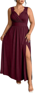 OYOANGLE Women's Plus Size Formal Evening Maxi Dress Wedding Guest Party | High Slit ,Split Side Sleeveless Wrap V Neck Lace Trim Sleeveless Long Cocktail Dress,Summer