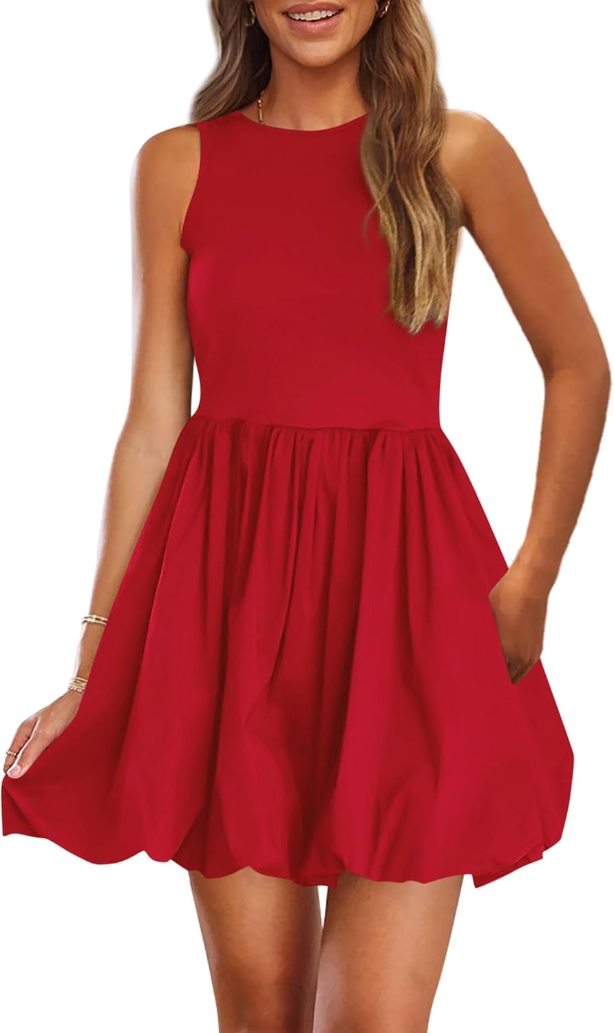 Crew-Neck Sleeveless Mini Dress in Red