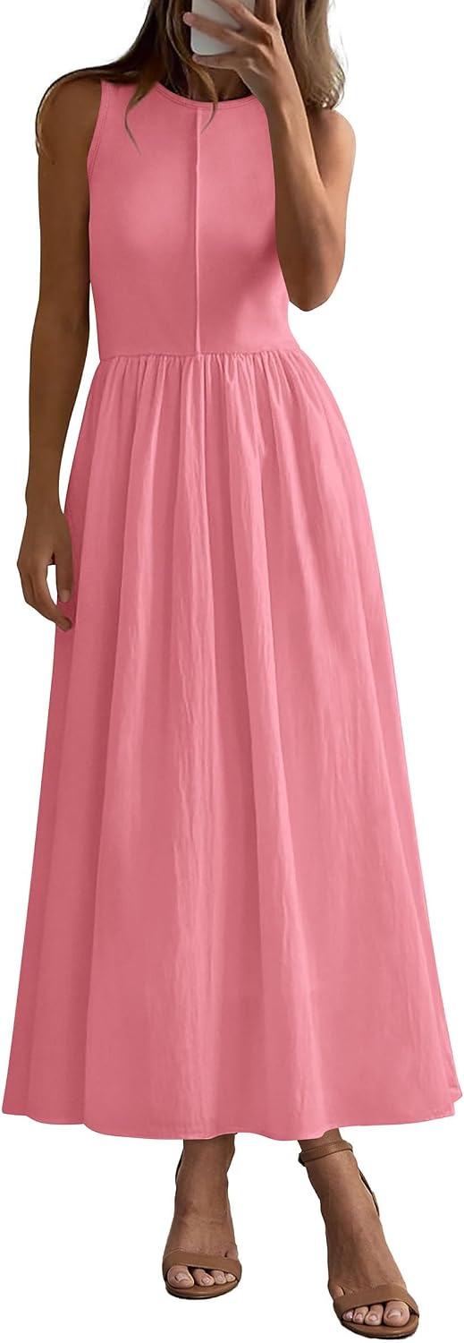 Ribbed Knit Sleeveless A-Line Maxi Dress in Pink