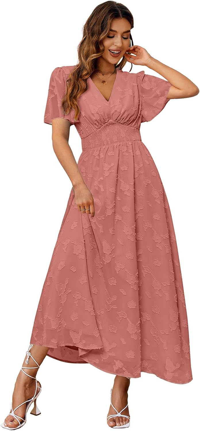 Floral V-Neck Short-Sleeve Maxi Dress in Rust Red