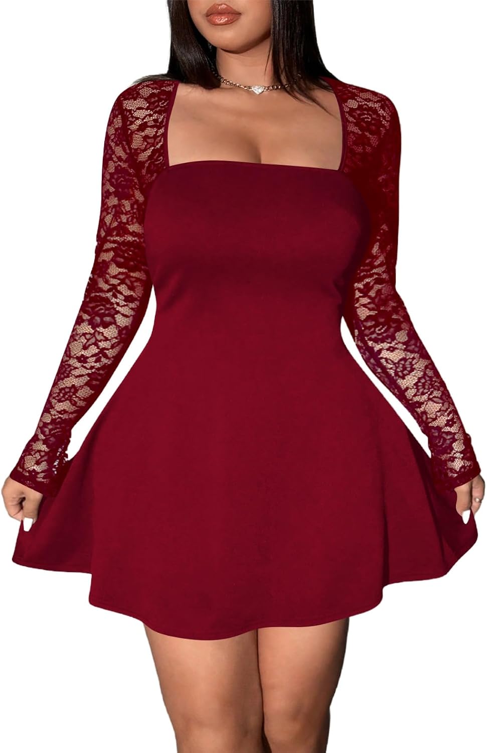 Floerns Women's Plus Size Lace Sheer Long Sleeve Square Neck Mini Dresses | A Line, Curvy, Flare, Birthday, Night Out, Party, Wedding Guest, Formal, Mini Dress
