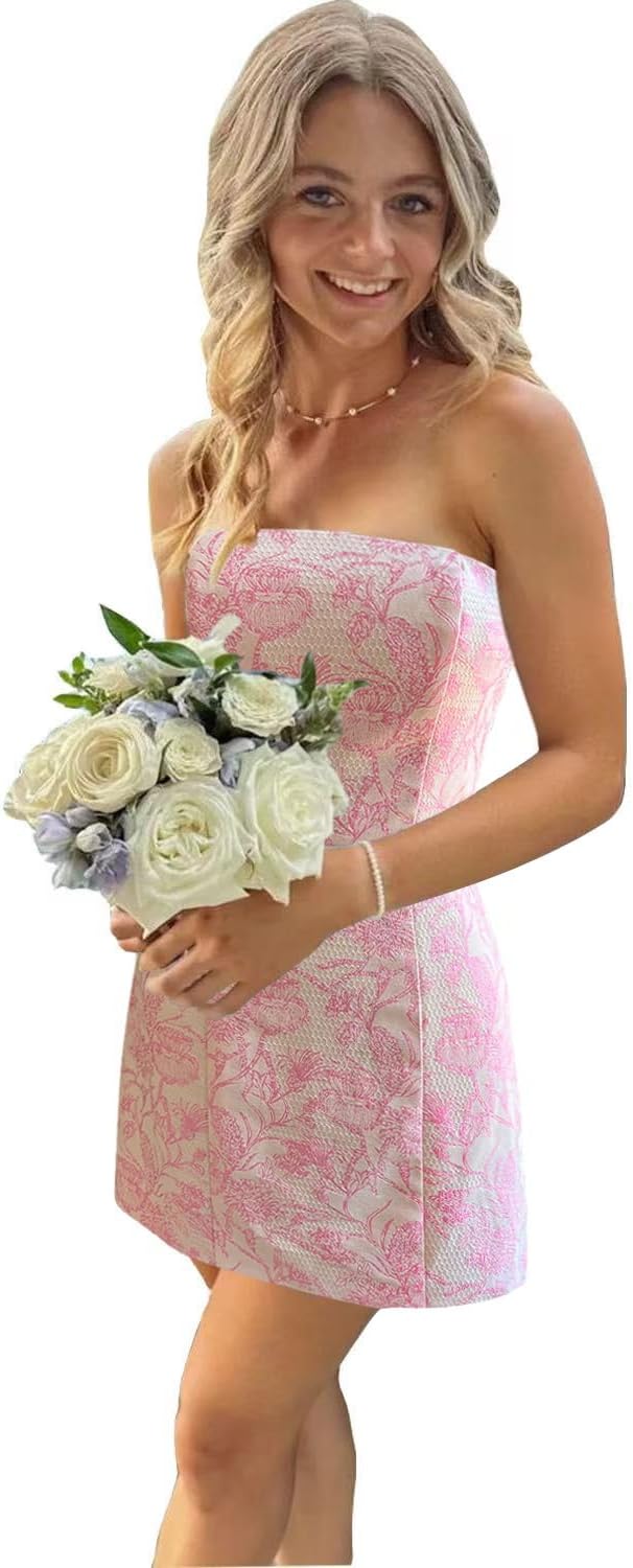 Flybridal Floral Mini Strapless Homecoming Cocktail Dress | Short Prom Graduation Birthday Party Dresses, Semi Formal Wedding Guest Outfit, Built in Bra, Lace-up and Zipper Closure