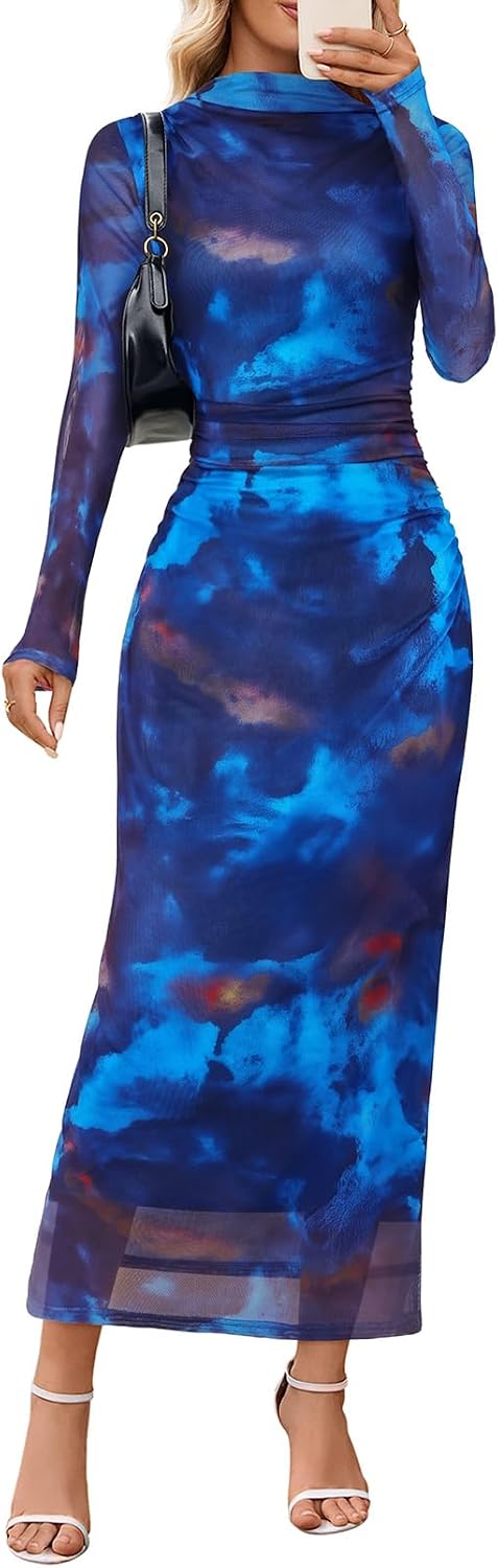 Floral Mesh Long-Sleeve Bodycon Maxi Dress in Blue