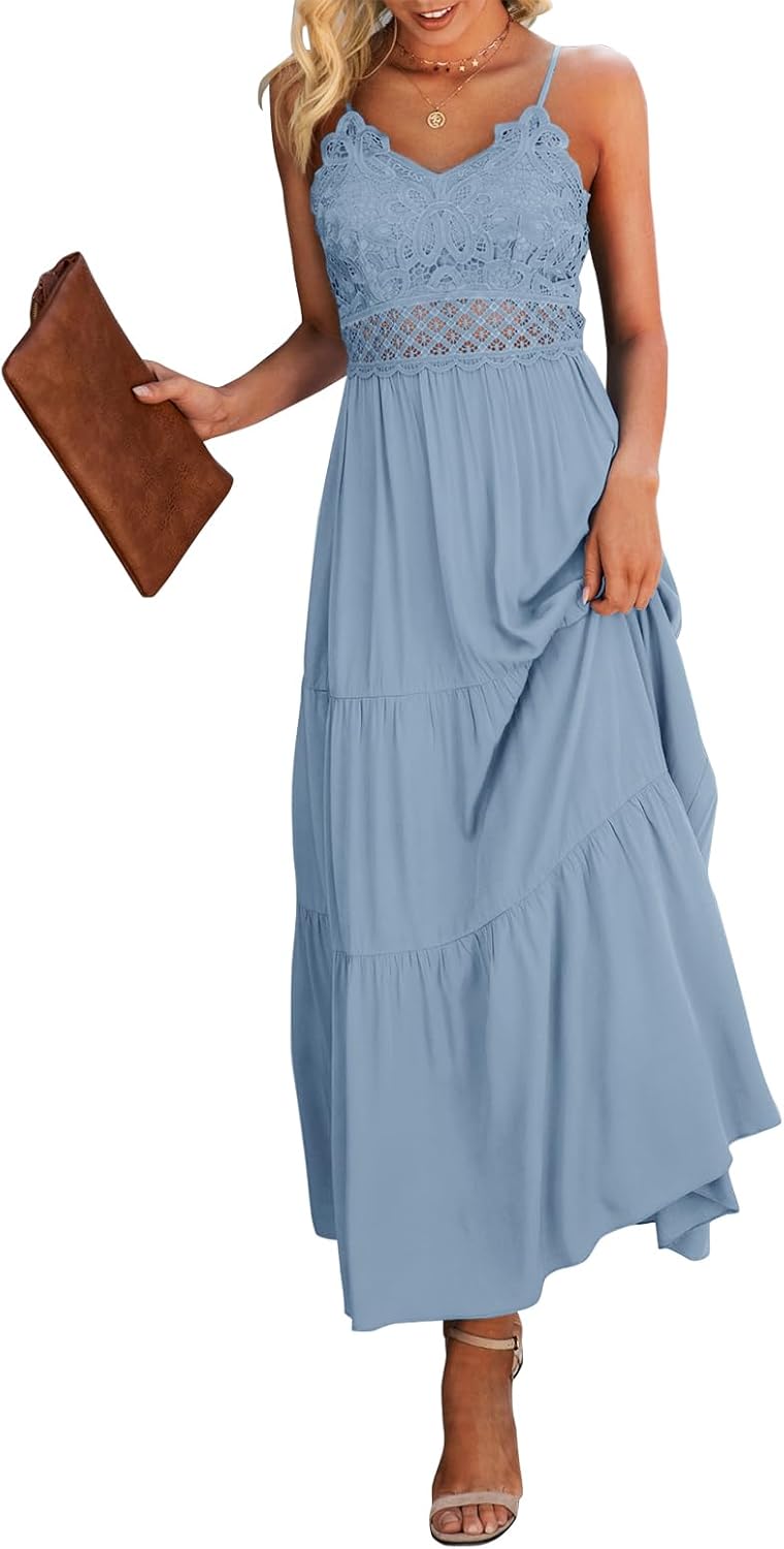 Dokuritu Women's Beach Crochet Lace Maxi Dress Solid Color Summer Vacation Wedding Guest Spaghetti Strap Long Dress