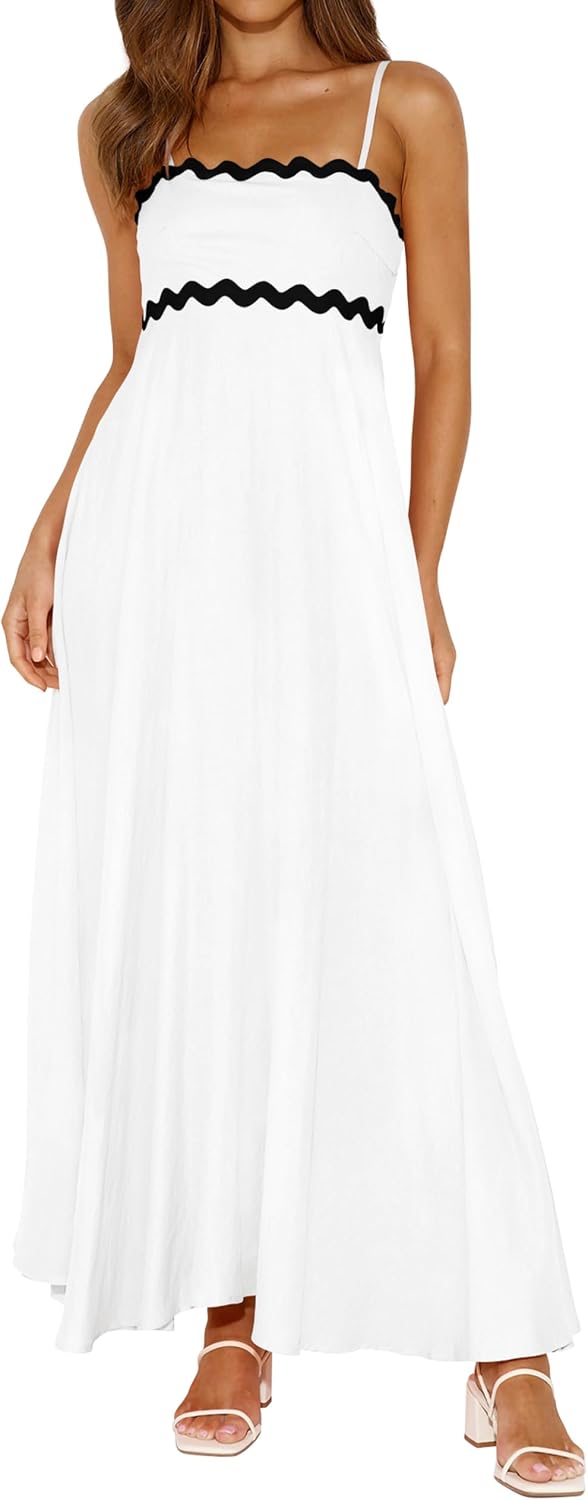 PRETTYGARDEN Women Spaghetti Strap Boho Maxi Dresses Flowy | Sleeveless Smocked Long Dress, Striped Trim Flowy Dress Pockets, Elegant Square Neck Beach Sundress, Casual Summer Outfits