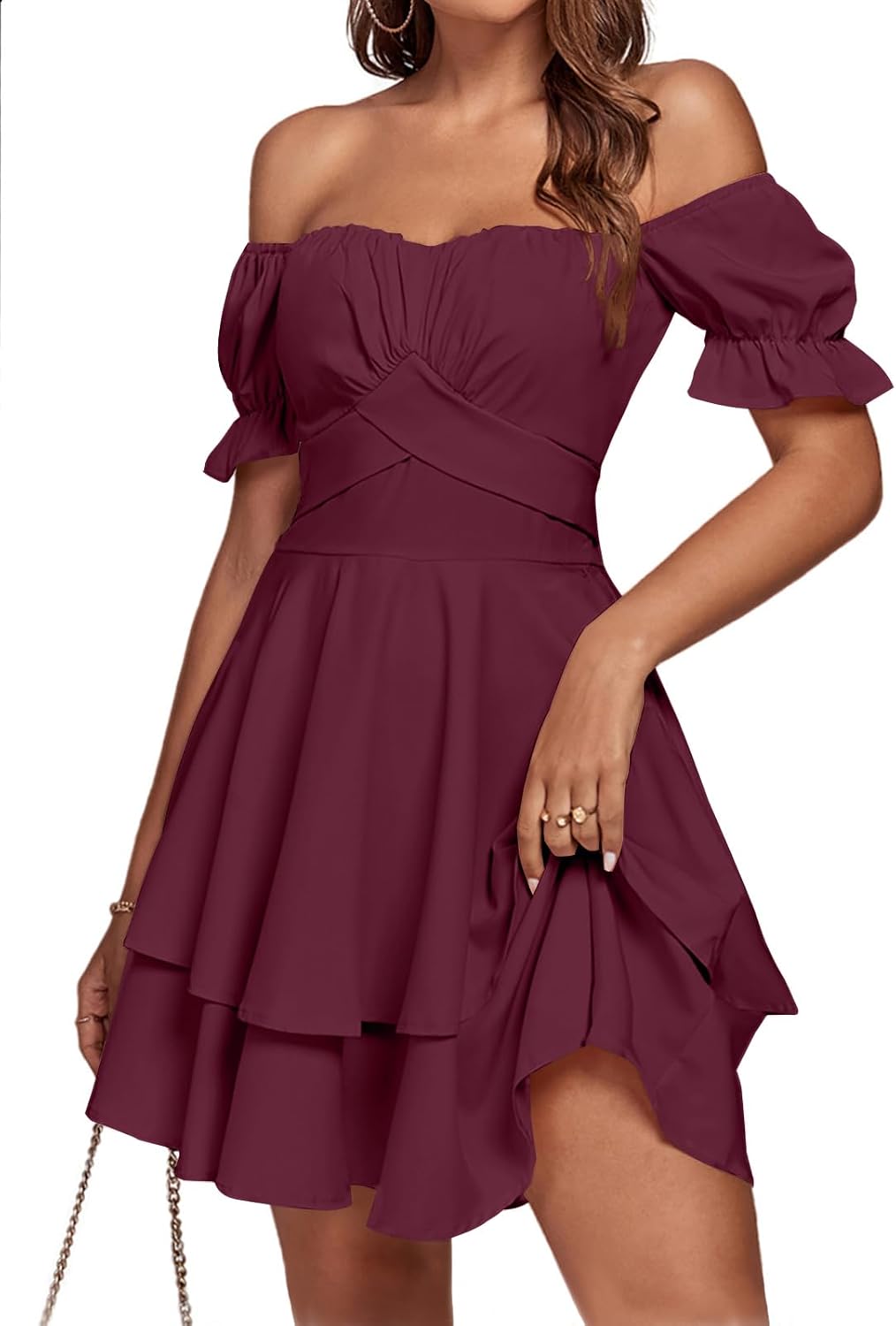 LYANER Women's Off Shoulder Casual Dress | Summer Tie Back Wrap Layer Ruffle A Line Short Sleeve Party Elegant Mini Dresses