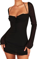 Zebaexf Women's Mesh Dress Long Puff Sleeve Mini Bodycon Sweet Neck Party Mini Dresses for Women