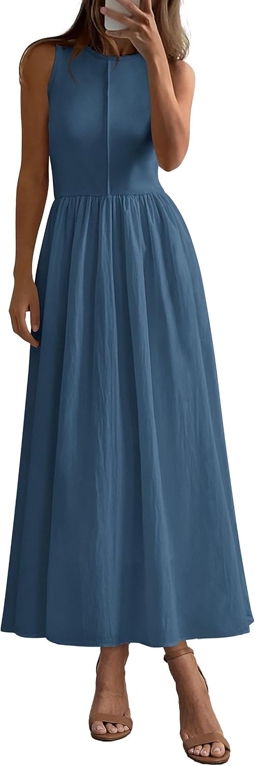 Ribbed Knit Sleeveless A-Line Maxi Dress in Grey Blue