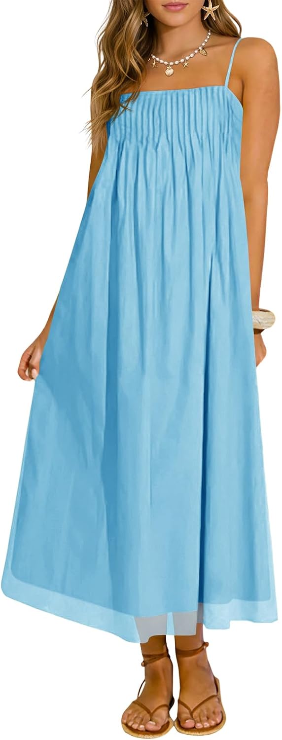 Wenrine Women's Summer Boho Maxi Dresses Spaghetti Straps Chiffon Sundress | Beach Vacation, Flowy, Linen, Casual, Loose, Pleated, Sleeveless, Midi Long Dress with Pockets