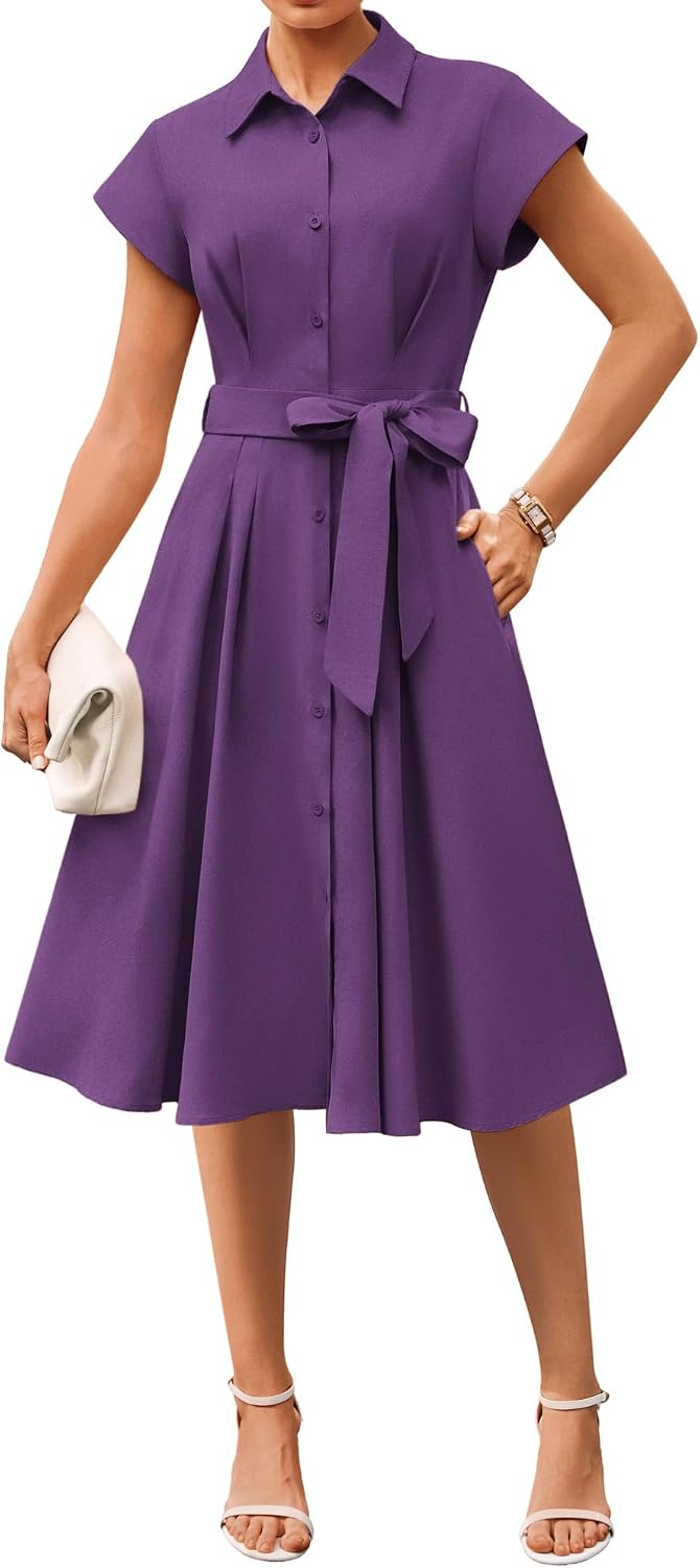 GRACE KARIN Womens Summer Work Business Casual Midi Shirt Dresses | 2026 V Neck Short Sleeve Button Down Collared Belted A Line Dress with Pockets Funeral Office Church Wedding Guest Outfits