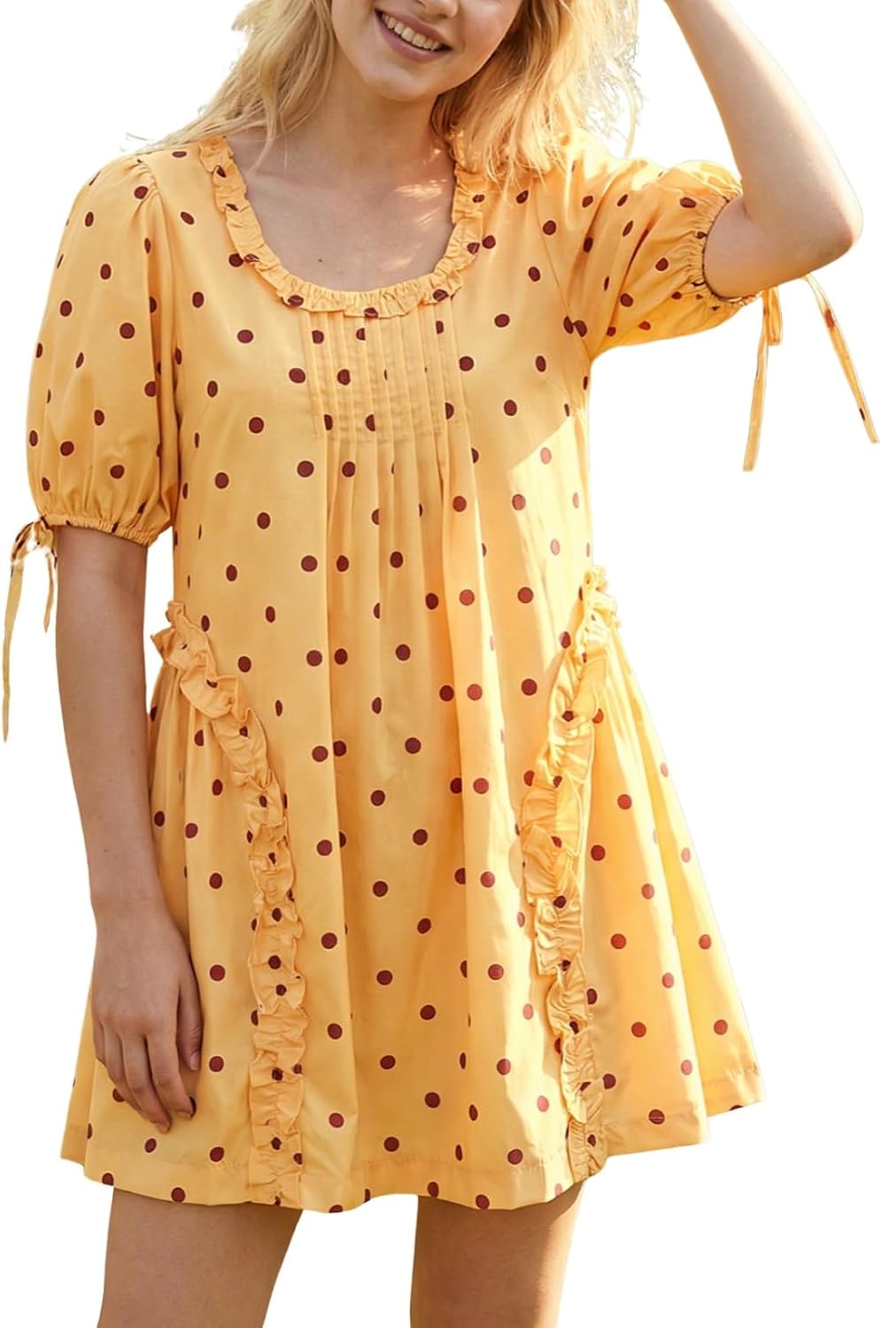 QLQLWDD Women Square Neck Babydoll Mini Dress Y2k Puff Sleeve Flowy Short Dress Loose Bow Tie Ruffle Trim Going Out Sundress