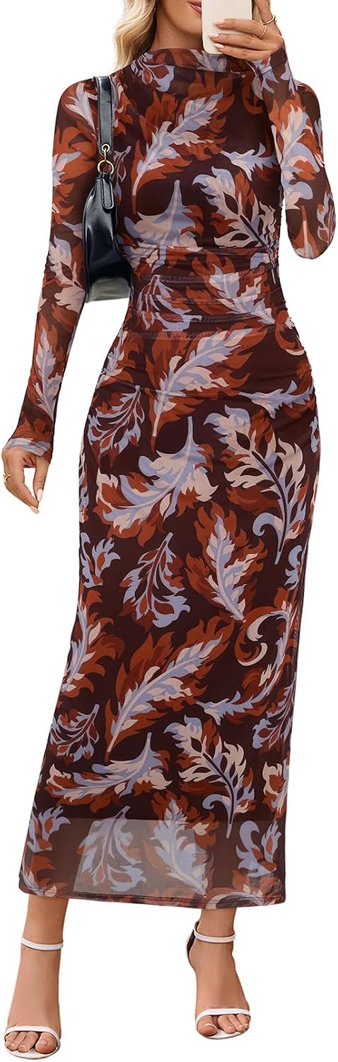 Floral Mesh Long-Sleeve Bodycon Maxi Dress in Brown Blue