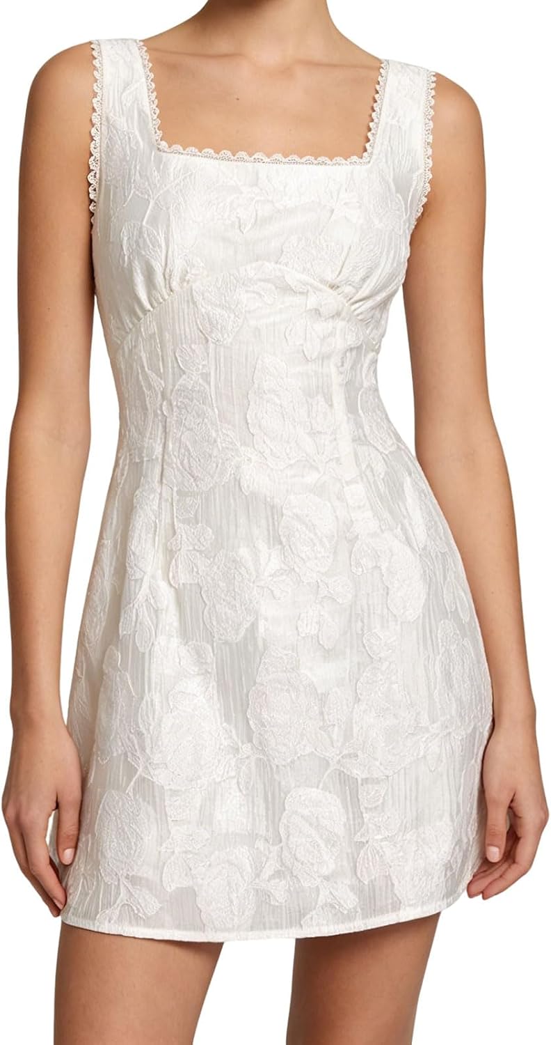 Plaid Square-Neck Sleeveless A-Line Mini Dress in White