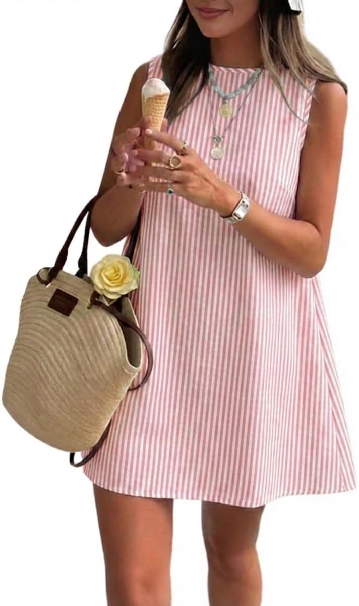 Plaid Mock-Neck Sleeveless A-Line Mini Dress in Striped Pink