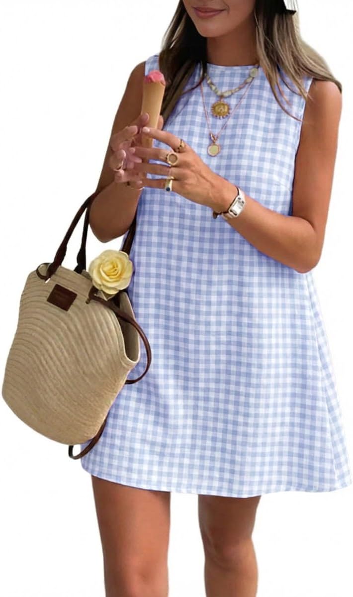 Plaid Mock-Neck Sleeveless A-Line Mini Dress in Light Blue