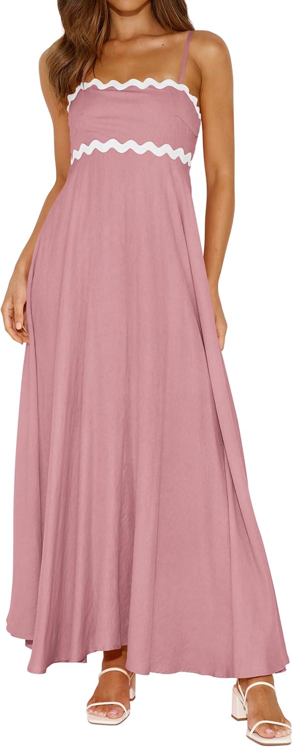 PRETTYGARDEN Women Spaghetti Strap Boho Maxi Dresses Flowy | Sleeveless Smocked Long Dress, Striped Trim Flowy Dress Pockets, Elegant Square Neck Beach Sundress, Casual Summer Outfits