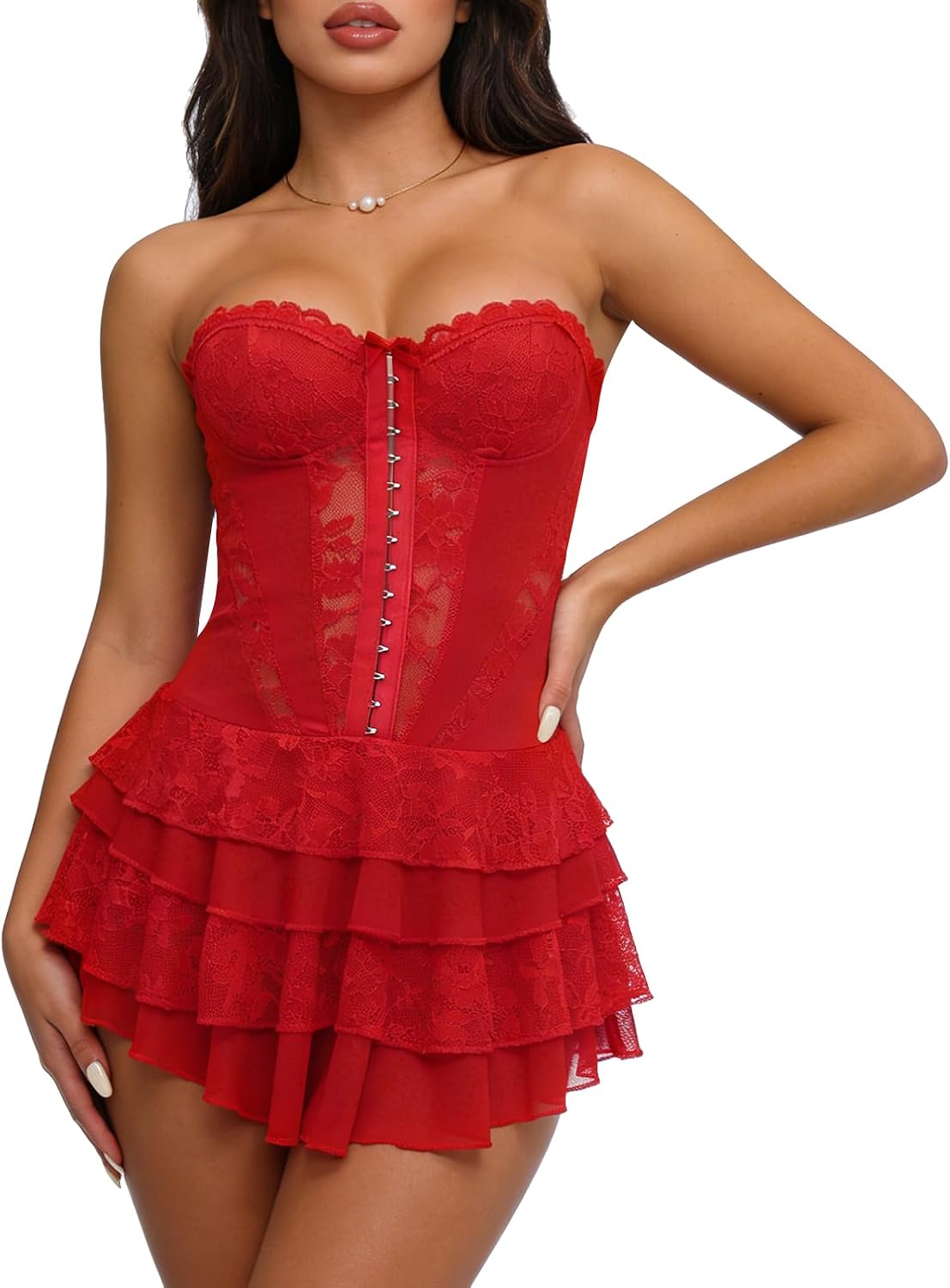 Lace Strapless Mini Romper Dress in Red