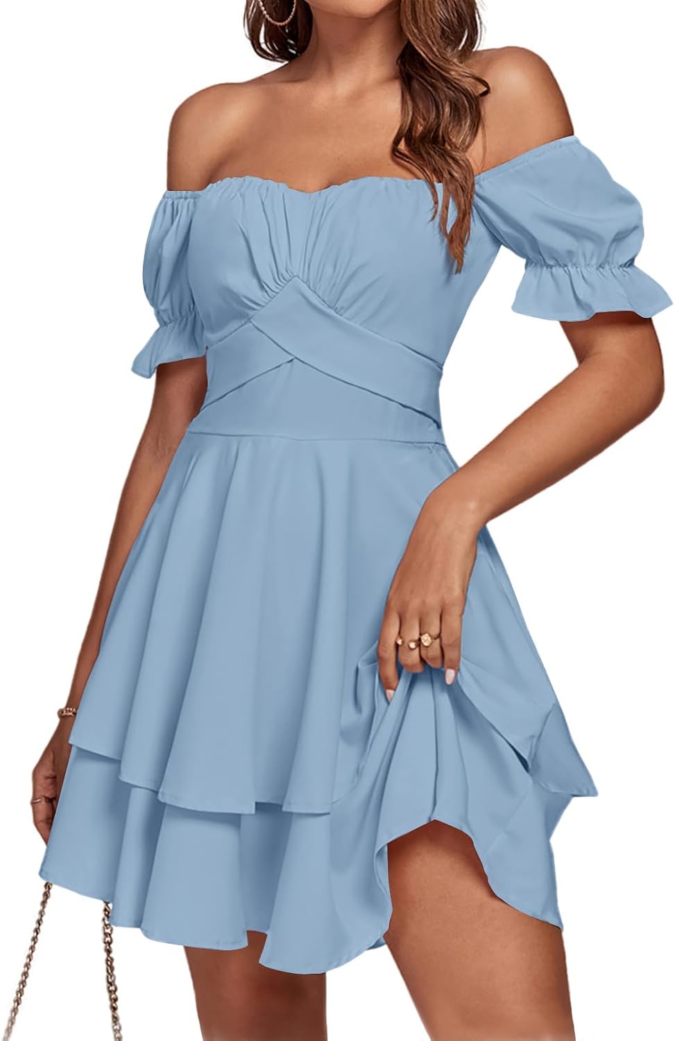 LYANER Women's Off Shoulder Casual Dress | Summer Tie Back Wrap Layer Ruffle A Line Short Sleeve Party Elegant Mini Dresses