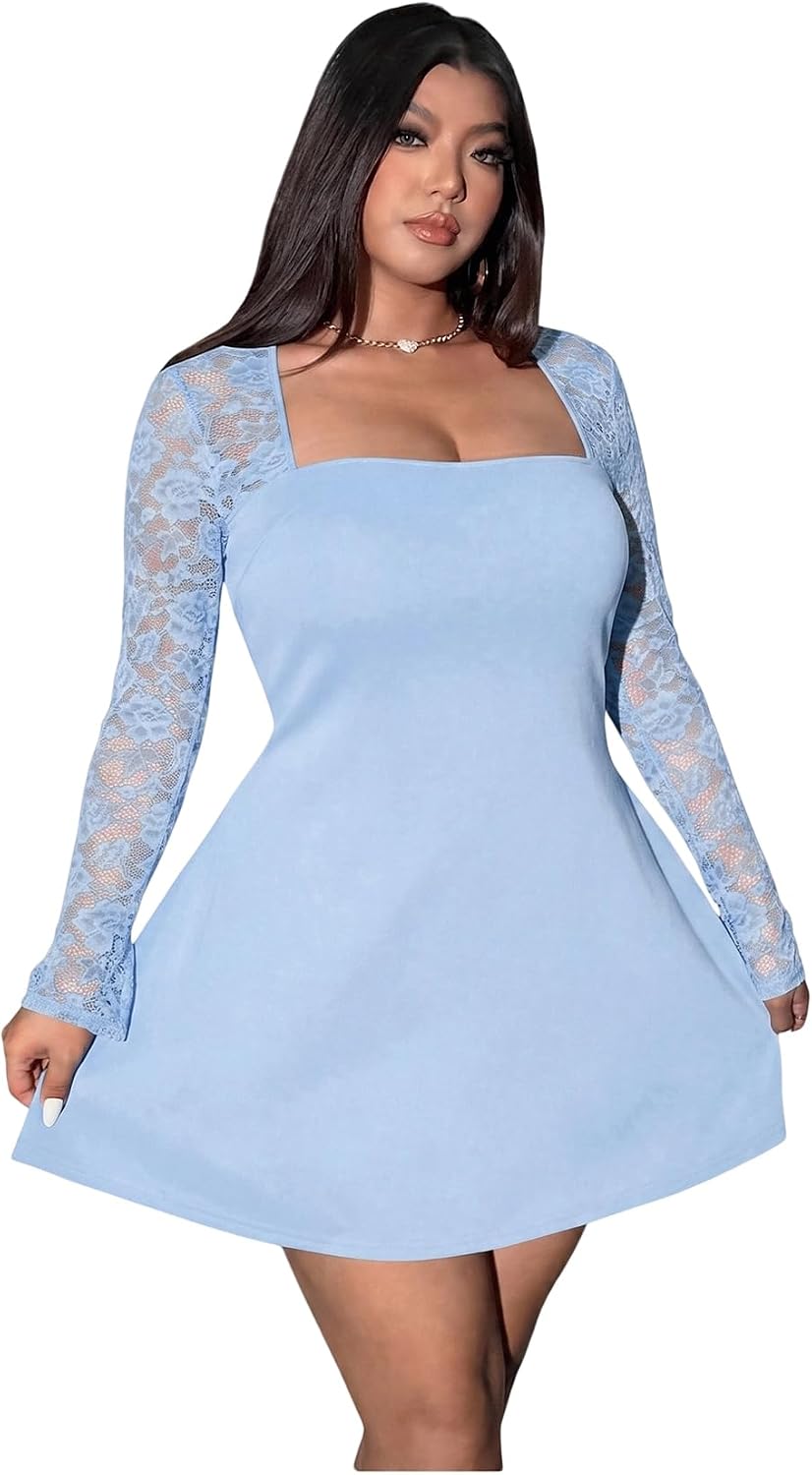 Floerns Women's Plus Size Lace Sheer Long Sleeve Square Neck Mini Dresses | A Line, Curvy, Flare, Birthday, Night Out, Party, Wedding Guest, Formal, Mini Dress