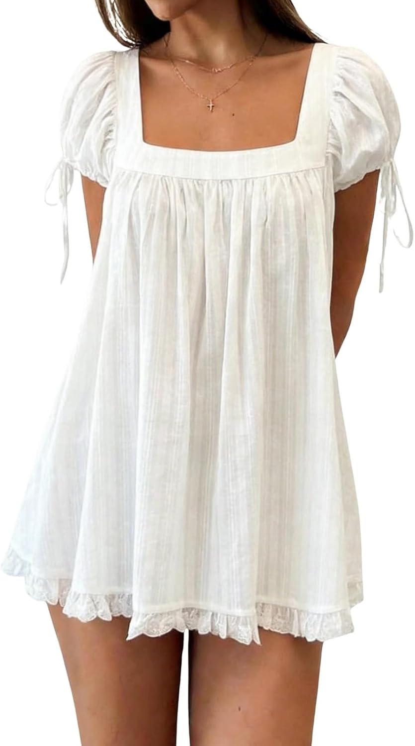 QLQLWDD Women Square Neck Babydoll Mini Dress Y2k Puff Sleeve Flowy Short Dress Loose Bow Tie Ruffle Trim Going Out Sundress