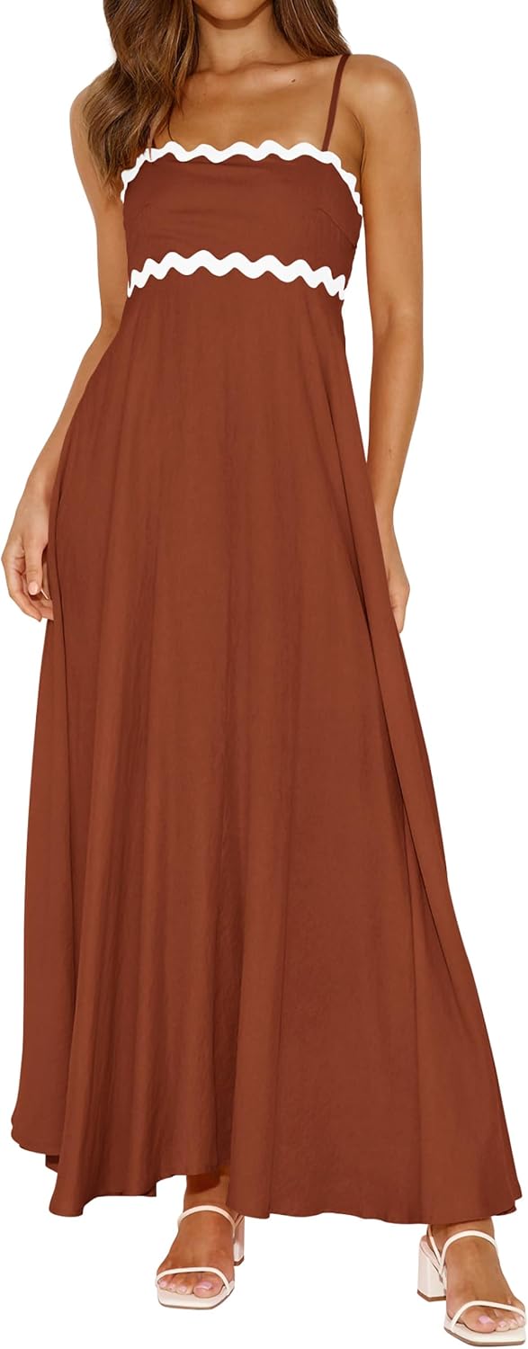 PRETTYGARDEN Women Spaghetti Strap Boho Maxi Dresses Flowy | Sleeveless Smocked Long Dress, Striped Trim Flowy Dress Pockets, Elegant Square Neck Beach Sundress, Casual Summer Outfits