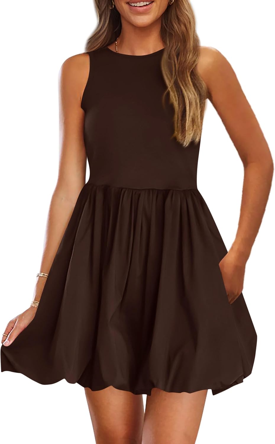 Crew-Neck Sleeveless Mini Dress in Brown