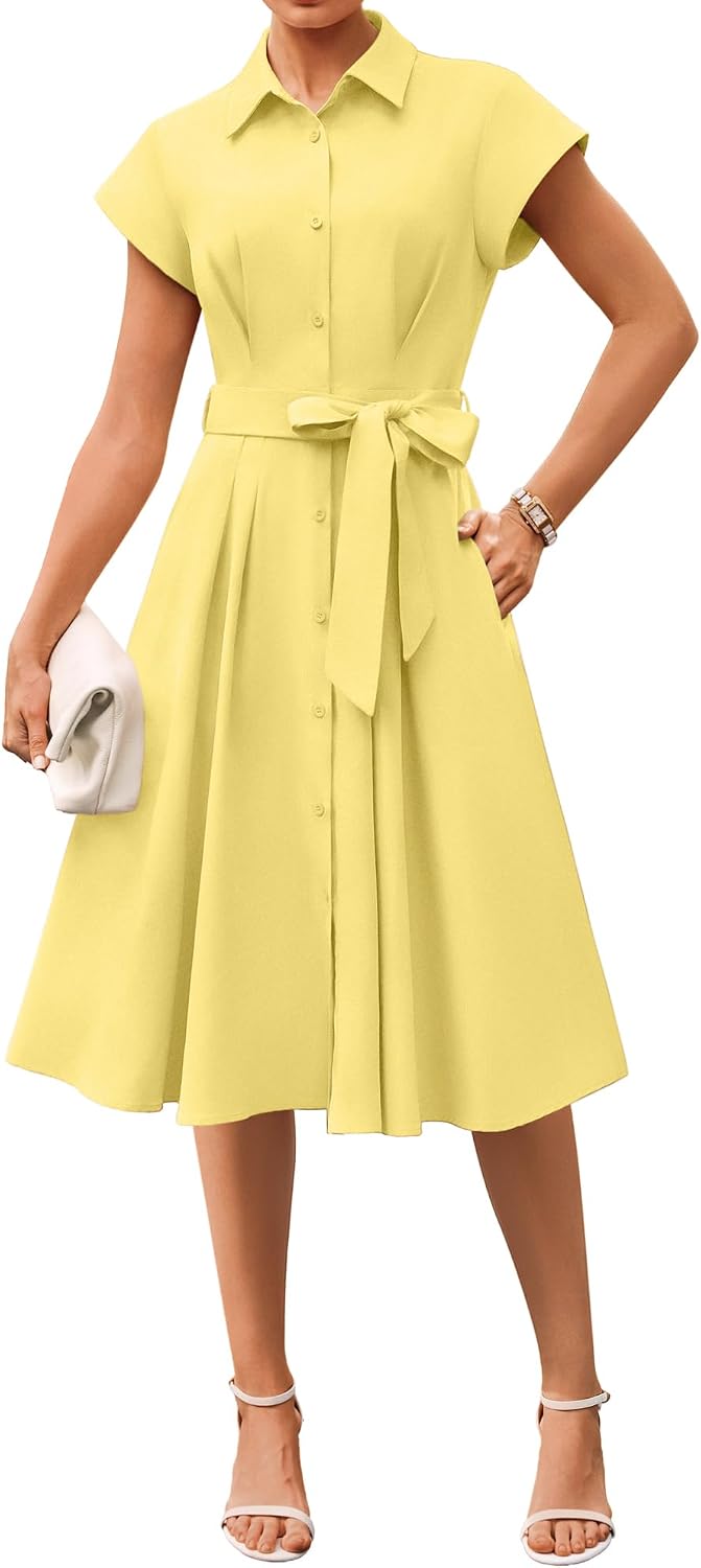 GRACE KARIN Womens Summer Work Business Casual Midi Shirt Dresses | 2026 V Neck Short Sleeve Button Down Collared Belted A Line Dress with Pockets Funeral Office Church Wedding Guest Outfits