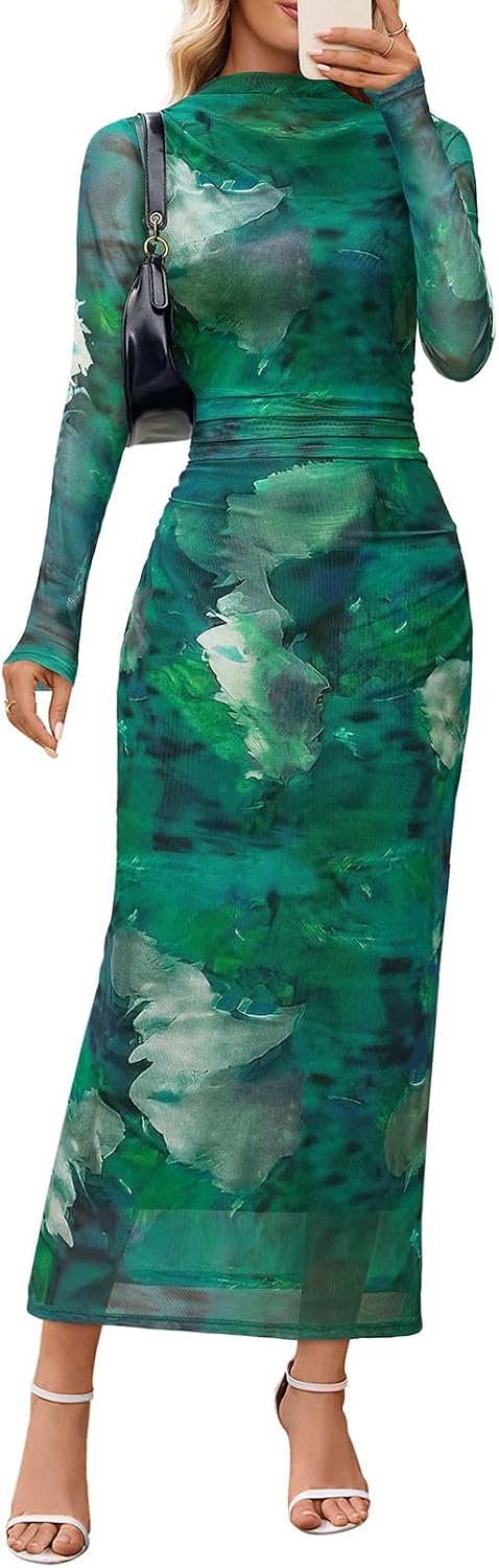 Floral Mesh Long-Sleeve Bodycon Maxi Dress in Green