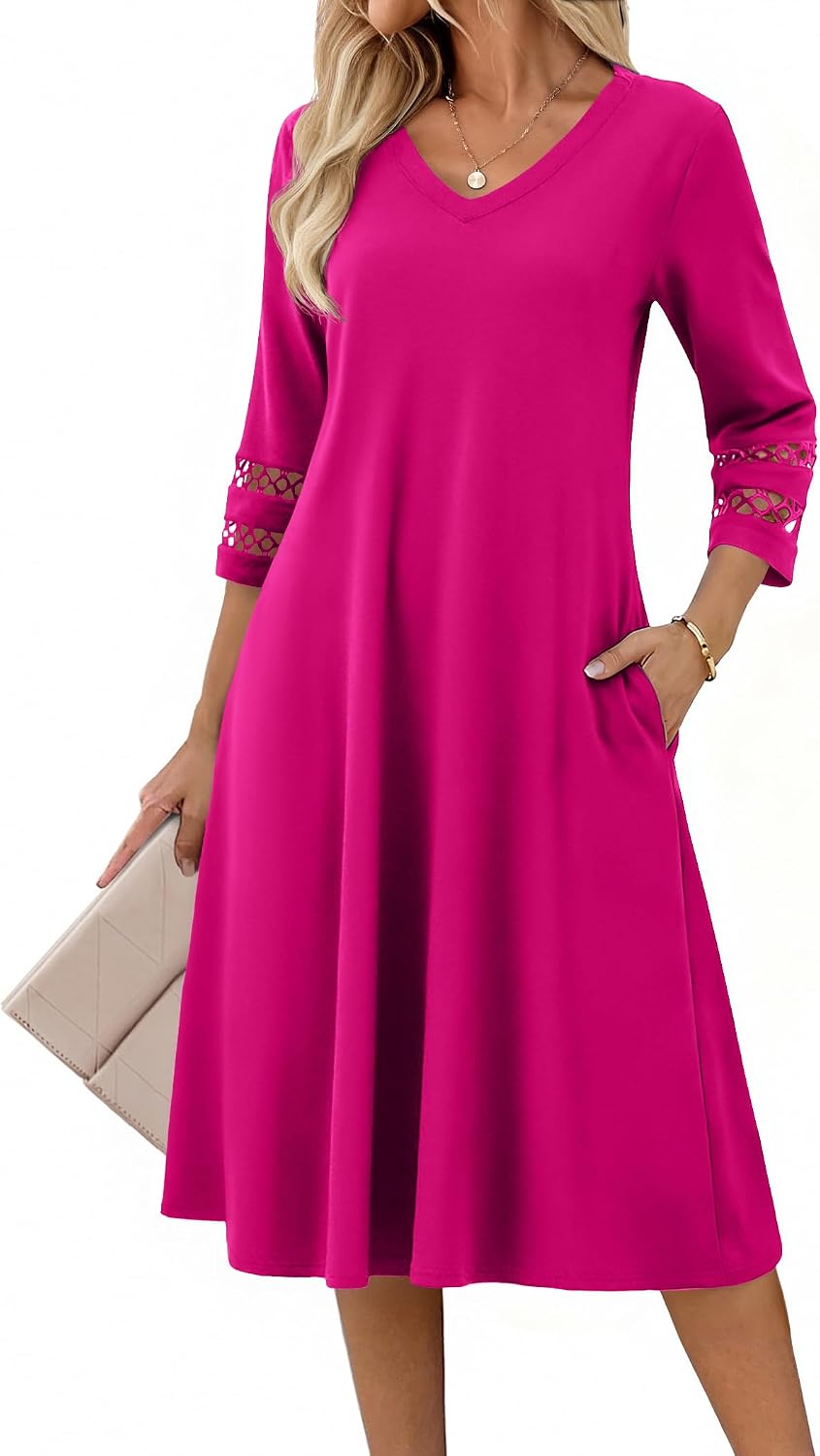 Eyelet V-Neck 3/4-Sleeve A-Line Midi Dress in Rose Red