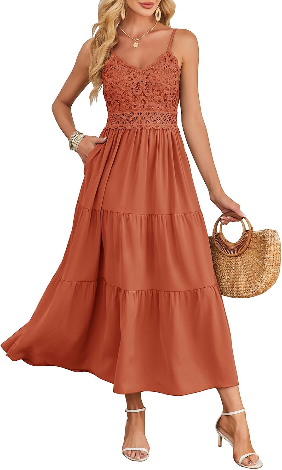 Dokuritu Women's Beach Crochet Lace Maxi Dress Solid Color Summer Vacation Wedding Guest Spaghetti Strap Long Dress