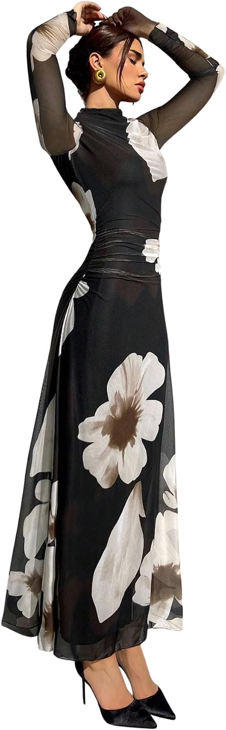 Verdusa Women's Floral Wedding Guest Dress Long Sleeve Mesh Maxi Dresses | Bodycon Dresses, Elegant Dresses for Women, Flowy Dresses, Cocktail Outfits, Fall Dresses for Women