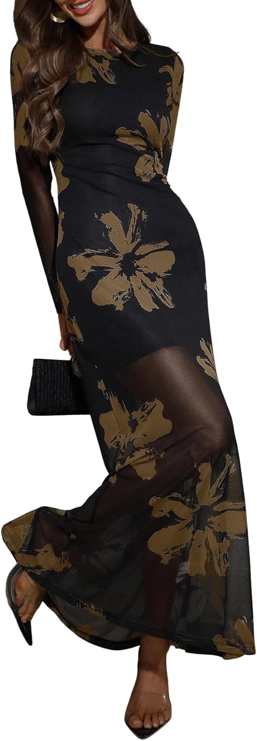 Floral Long-Sleeve Bodycon Maxi Dress in Black