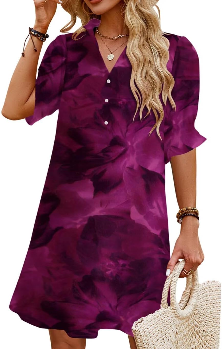 JPGLOV Womens Summer Shirt Mini Beach Dresses | Button Down Shift Dress,Ruffle Short Sleeve,Floral Boho Style,Side Pockets,Casual Vacation Hawaiian Wedding Guest Outfits