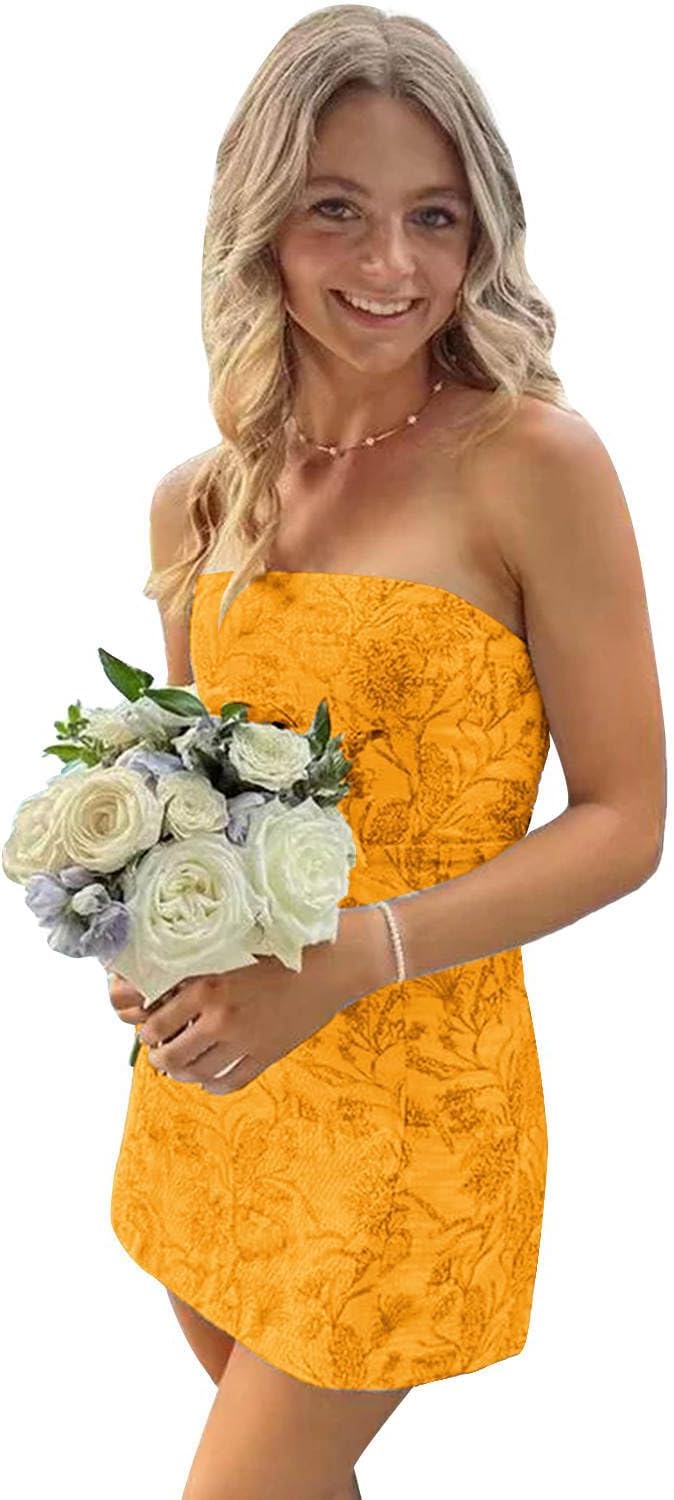 Flybridal Floral Mini Strapless Homecoming Cocktail Dress | Short Prom Graduation Birthday Party Dresses, Semi Formal Wedding Guest Outfit, Built in Bra, Lace-up and Zipper Closure
