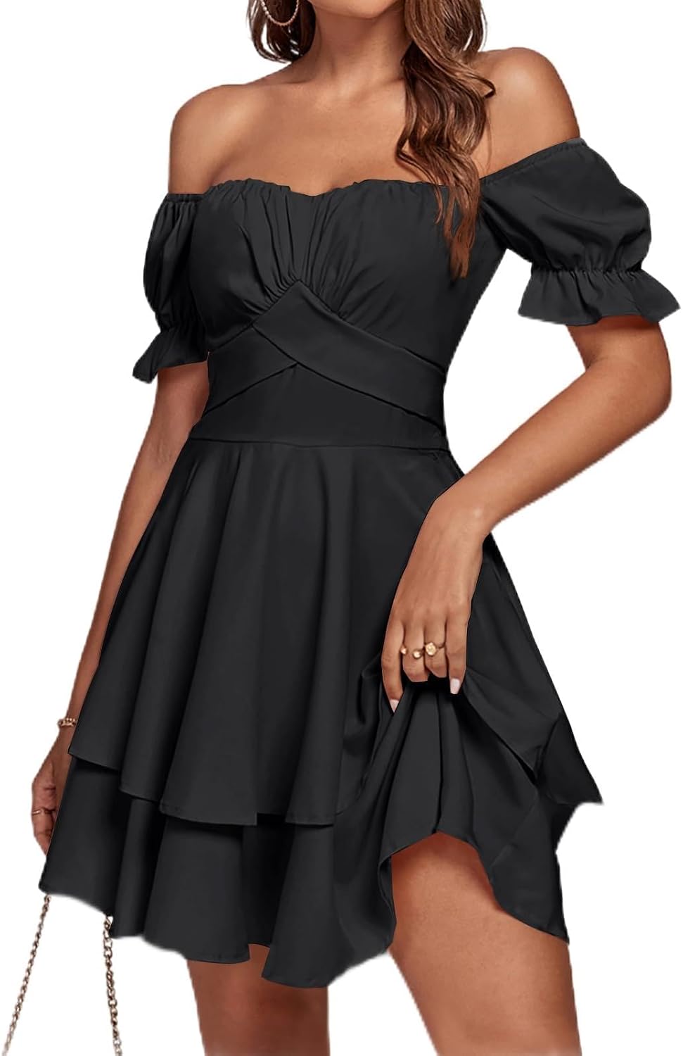 LYANER Women's Off Shoulder Casual Dress | Summer Tie Back Wrap Layer Ruffle A Line Short Sleeve Party Elegant Mini Dresses