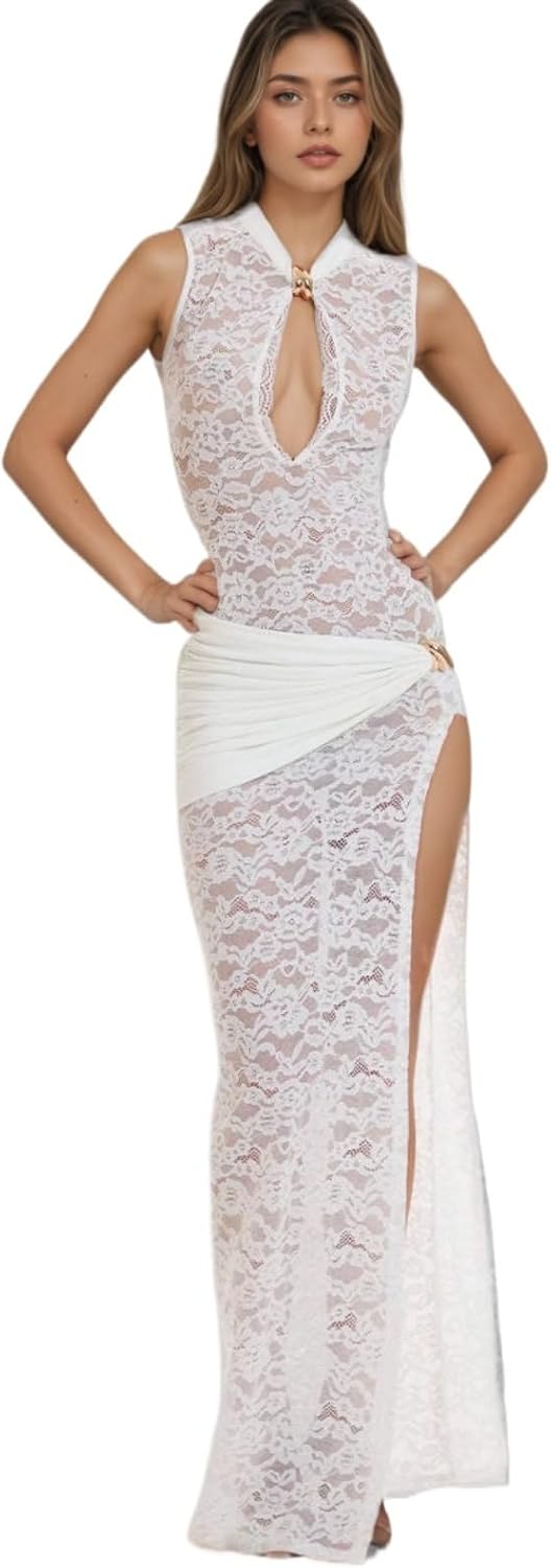 OCUH Black Lace Dress Sheer Maxi Dresses Sexy Outfit for Women Going Out High Slit Skirt Bodycon Vacation Party Wear
