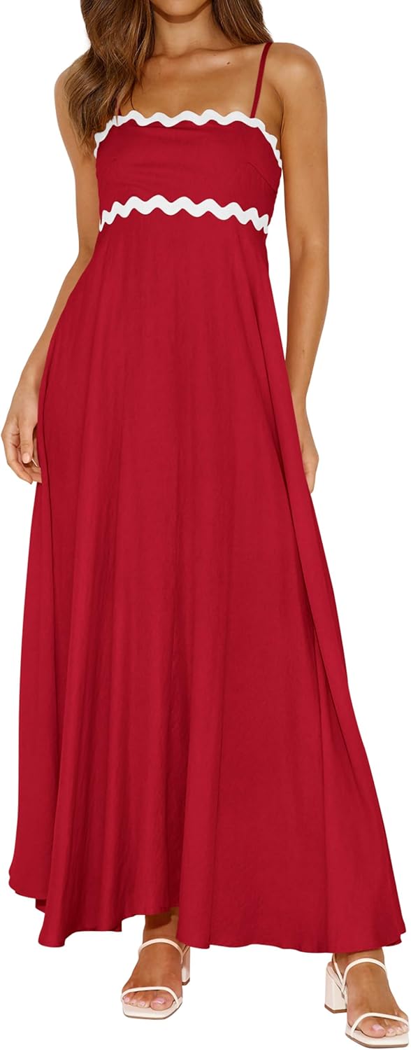 PRETTYGARDEN Women Spaghetti Strap Boho Maxi Dresses Flowy | Sleeveless Smocked Long Dress, Striped Trim Flowy Dress Pockets, Elegant Square Neck Beach Sundress, Casual Summer Outfits