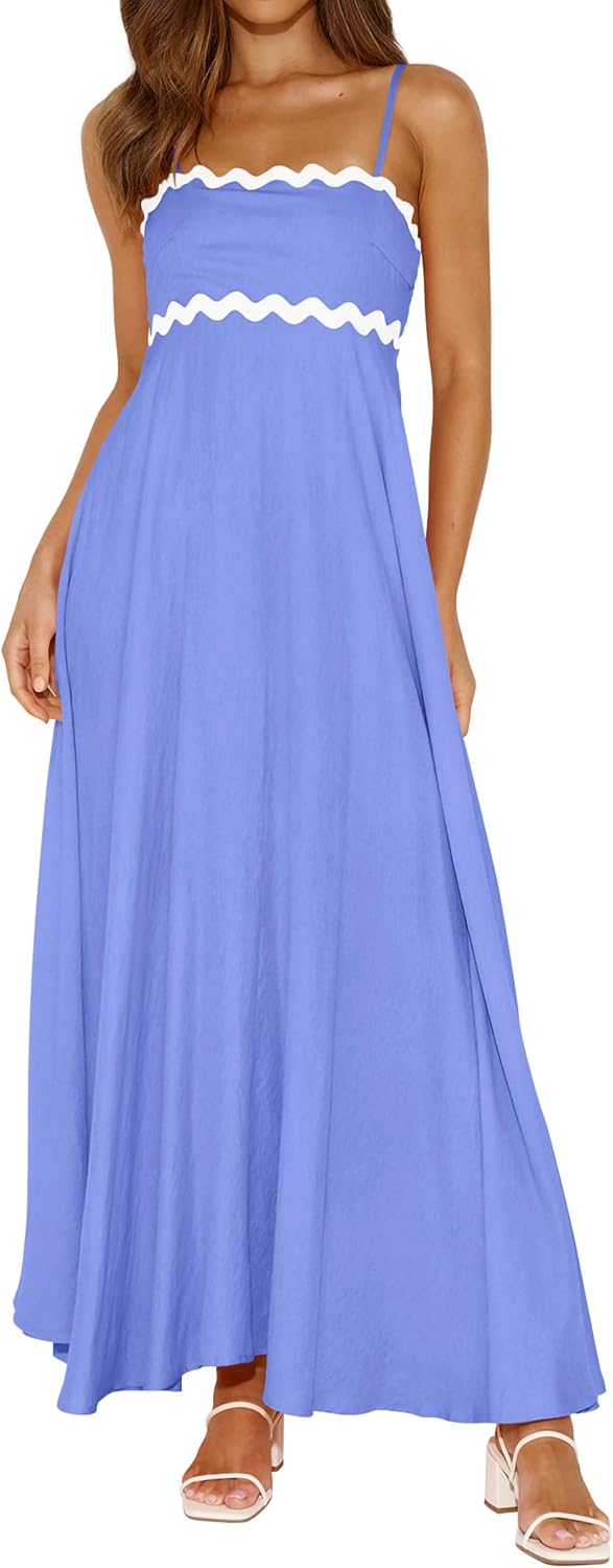 PRETTYGARDEN Women Spaghetti Strap Boho Maxi Dresses Flowy | Sleeveless Smocked Long Dress, Striped Trim Flowy Dress Pockets, Elegant Square Neck Beach Sundress, Casual Summer Outfits