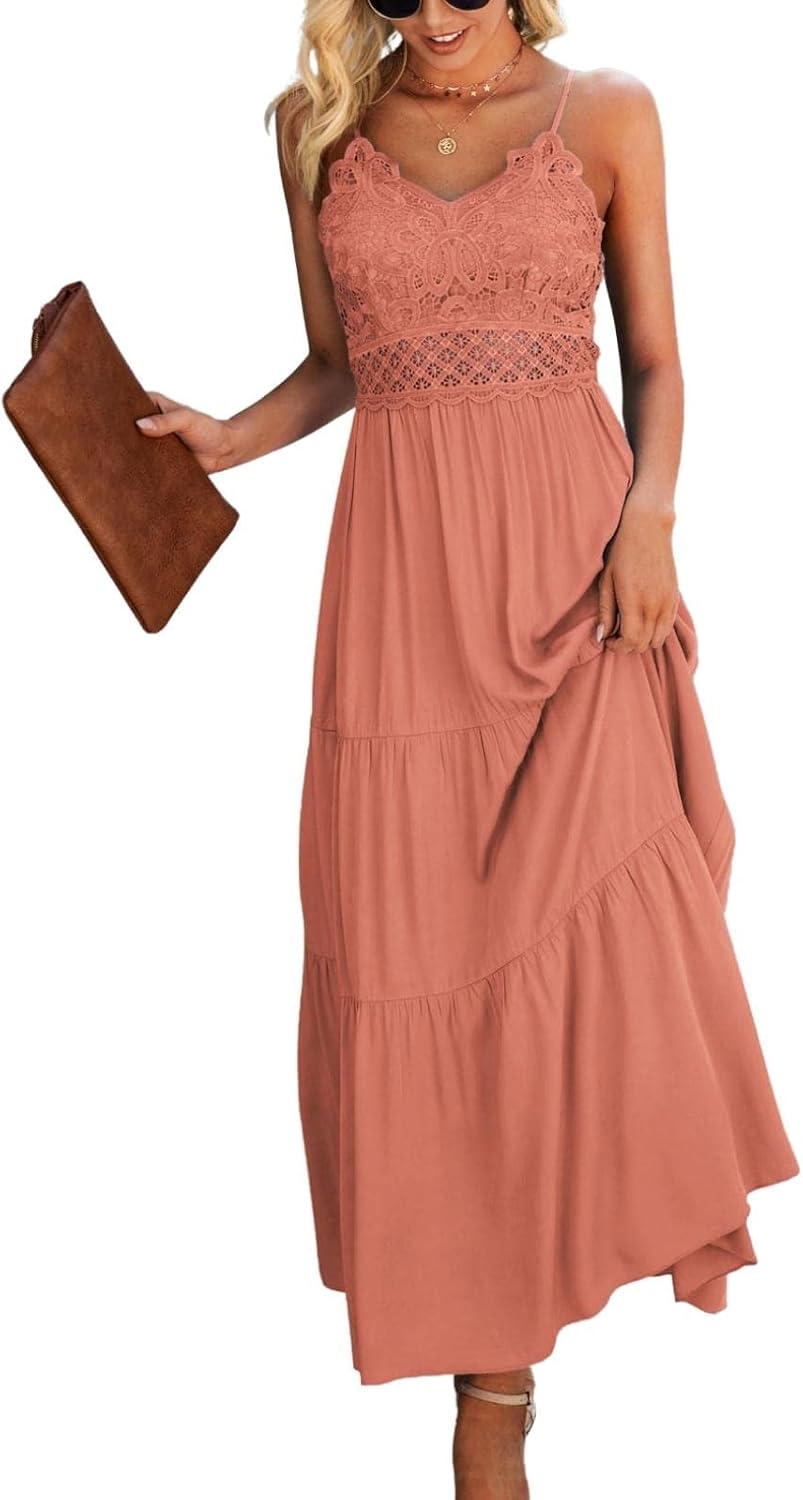 Dokuritu Women's Beach Crochet Lace Maxi Dress Solid Color Summer Vacation Wedding Guest Spaghetti Strap Long Dress