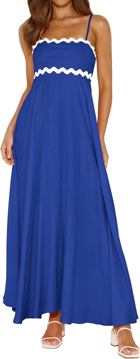 PRETTYGARDEN Women Spaghetti Strap Boho Maxi Dresses Flowy | Sleeveless Smocked Long Dress, Striped Trim Flowy Dress Pockets, Elegant Square Neck Beach Sundress, Casual Summer Outfits